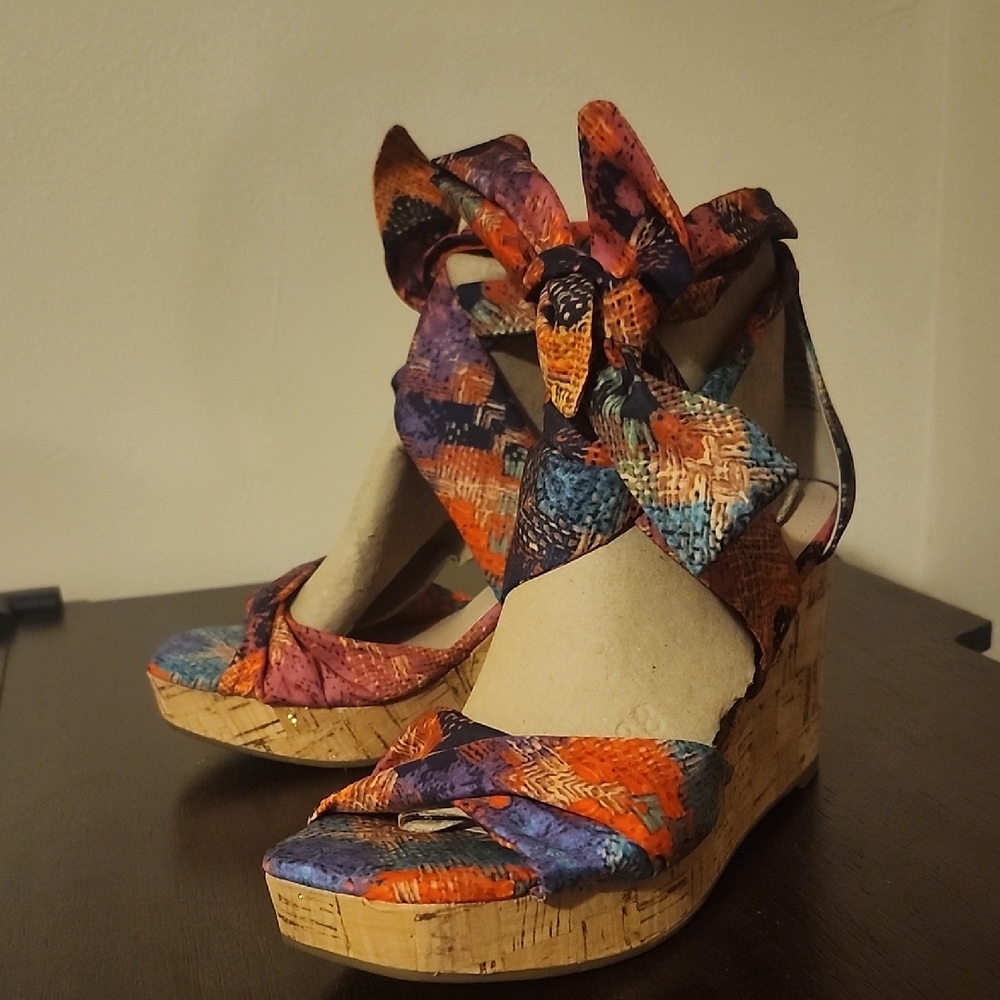 Impo Multicolor Cork Wedge Sandals with Tie Ankles - Picture 2 of 4
